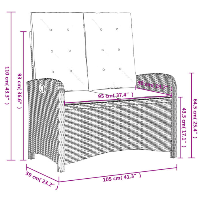 Banc inclinable de jardin avec coussins noir résine tressée – Image 8