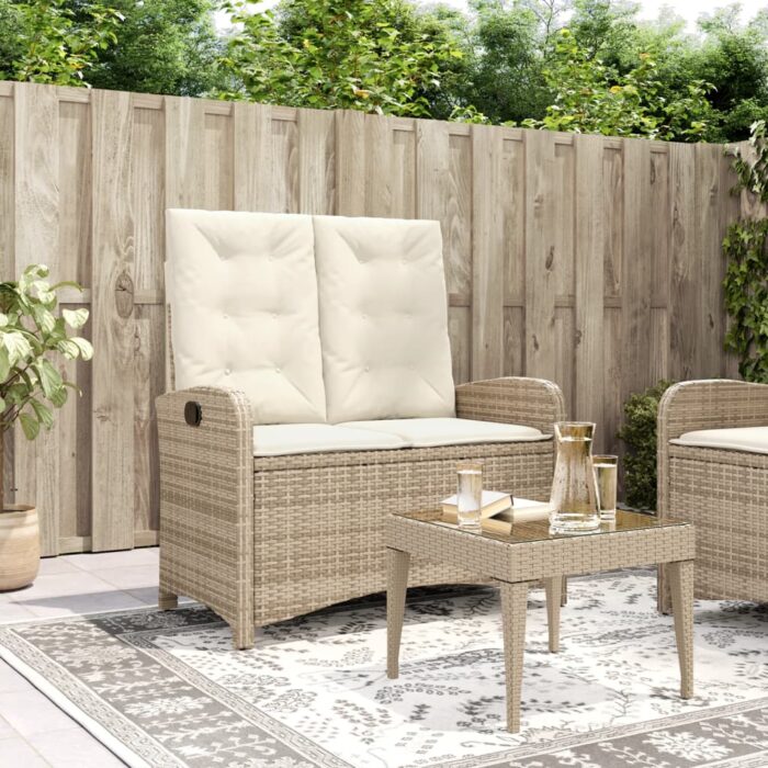 Banc inclinable de jardin avec coussins beige résine tressée – Image 1