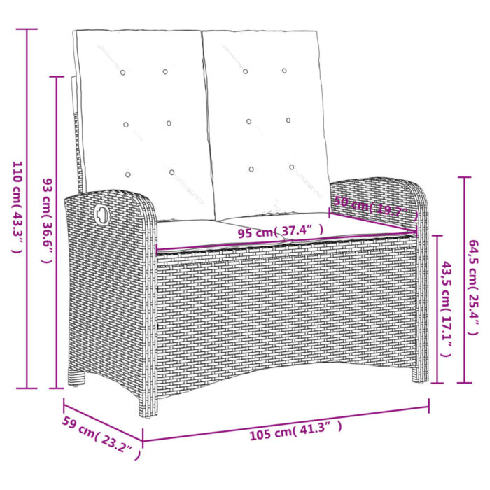 Banc inclinable de jardin avec coussins beige résine tressée – Image 8