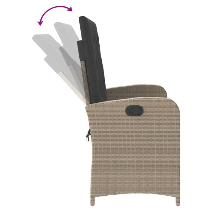 Banc inclinable de jardin et coussins gris clair résine tressée – Image 4