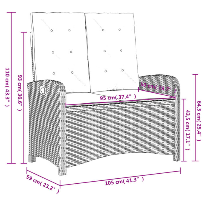 Banc inclinable de jardin et coussins gris clair résine tressée – Image 8