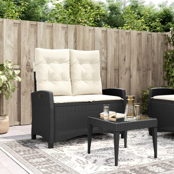 Banc inclinable de jardin avec coussins noir résine tressée – Image 1