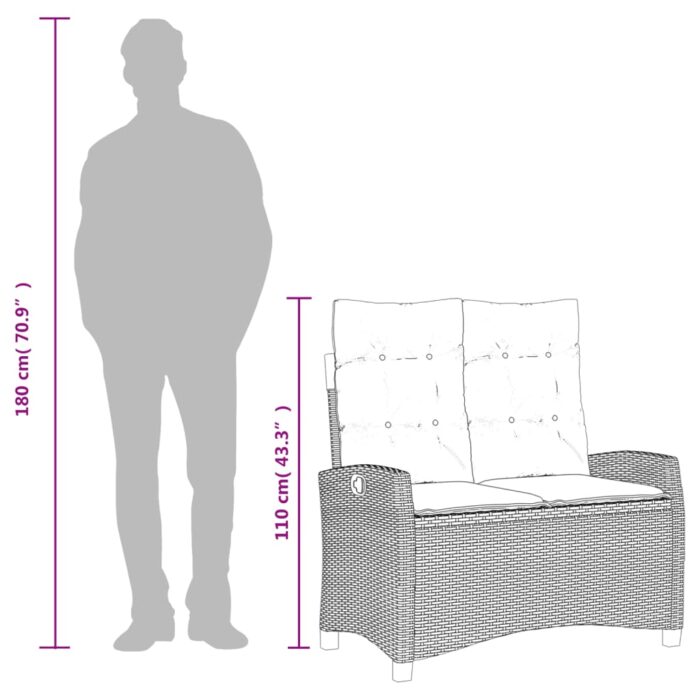 Banc inclinable de jardin avec coussins marron résine tressée – Image 7