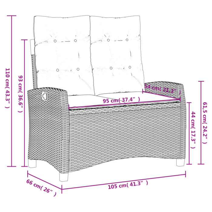 Banc inclinable de jardin avec coussins marron résine tressée – Image 8
