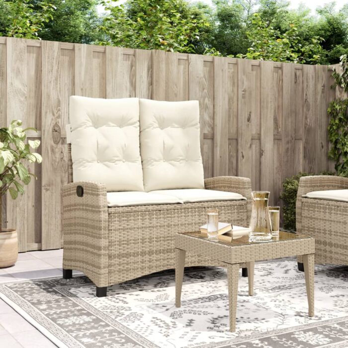 Banc inclinable de jardin avec coussins beige résine tressée – Image 1