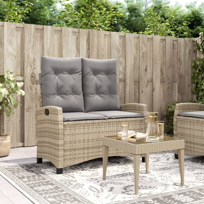 Banc inclinable de jardin avec coussins beige résine tressée – Image 1