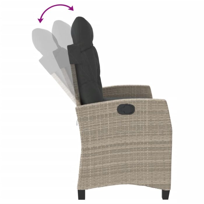 Banc inclinable de jardin et coussins gris clair résine tressée – Image 4