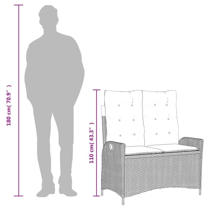 Banc inclinable de jardin avec coussins noir résine tressée – Image 7