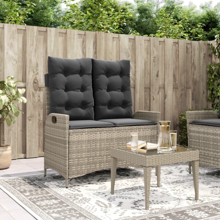 Banc inclinable de jardin et coussins gris clair résine tressée – Image 1