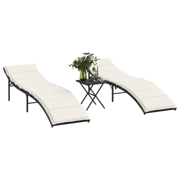 Chaises longues lot de 2 avec table noir résine tressée – Image 1
