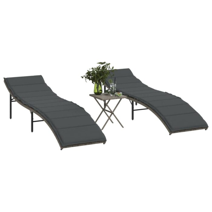 Chaises longues lot de 2 avec table gris résine tressée – Image 1