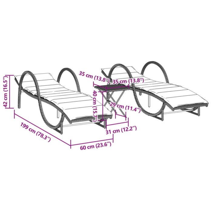 Chaises longues lot de 2 avec table beige résine tressée – Image 11