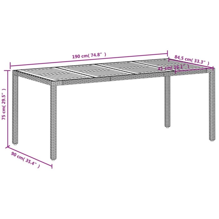 Table de jardin beige 190x90x75 cm résine tressée bois d'acacia – Image 9