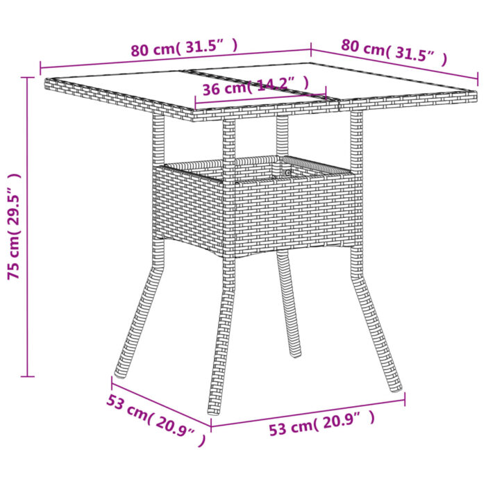 Table de jardin dessus en verre blanc 80x80x75cm résine tressée – Image 9
