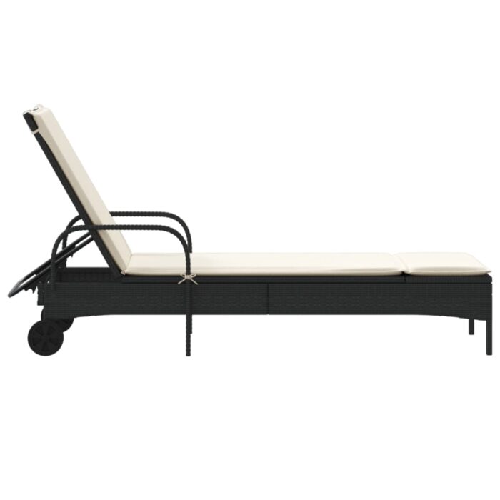 Chaise longue avec roues et coussin noir résine tressée – Image 3