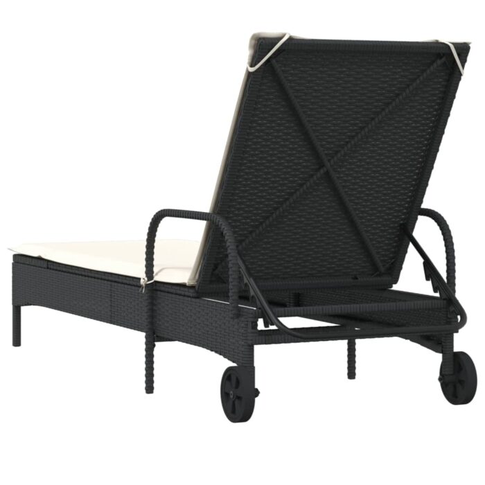 Chaise longue avec roues et coussin noir résine tressée – Image 4