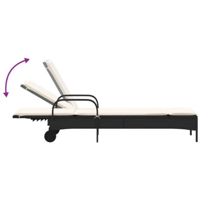 Chaise longue avec roues et coussin noir résine tressée – Image 5