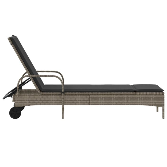 Chaise longue avec roues et coussin gris résine tressée – Image 3