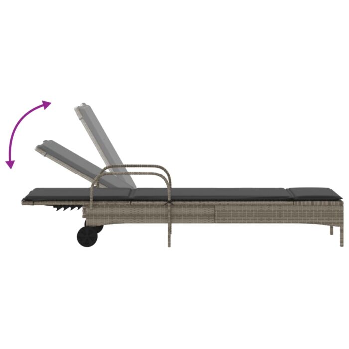 Chaise longue avec roues et coussin gris résine tressée – Image 5