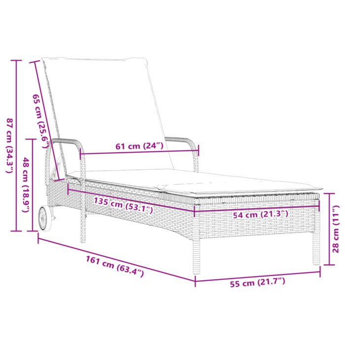Chaise longue avec roues et coussin gris résine tressée – Image 8