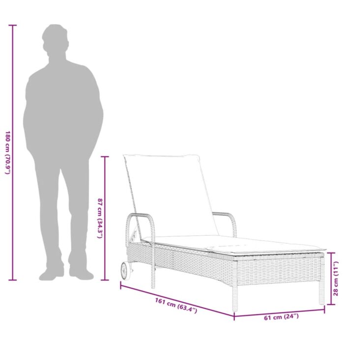 Chaise longue avec roues et coussin gris résine tressée – Image 9