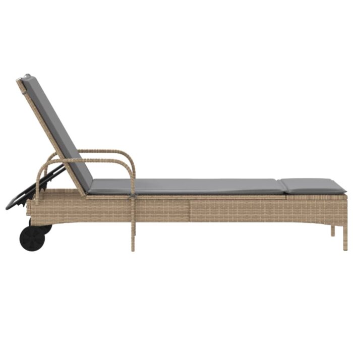 Chaise longue avec roues et coussin beige résine tressée – Image 3