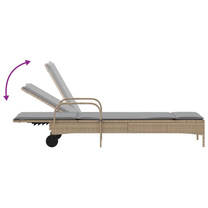 Chaise longue avec roues et coussin beige résine tressée – Image 5