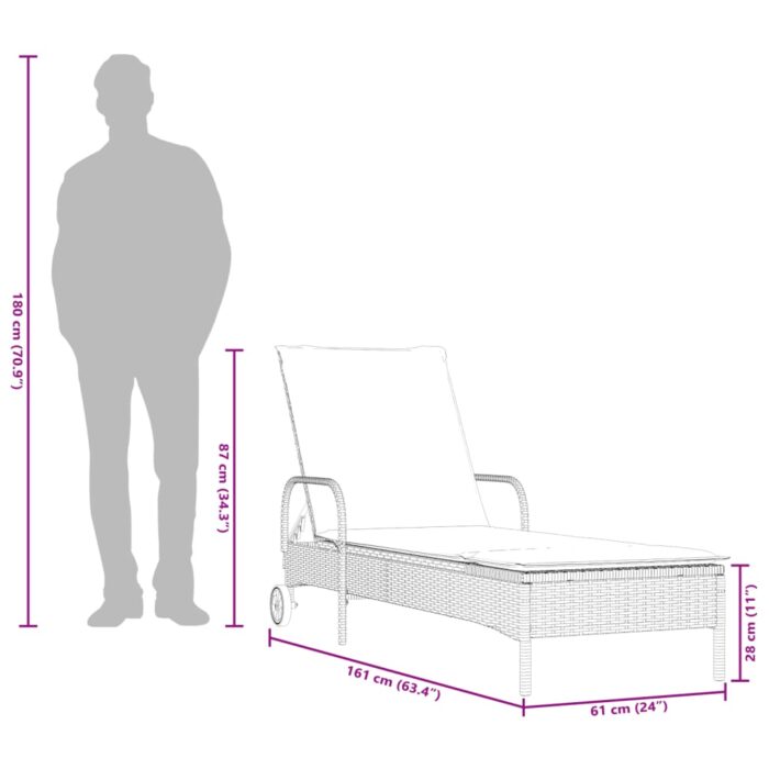 Chaise longue avec roues et coussin beige résine tressée – Image 9
