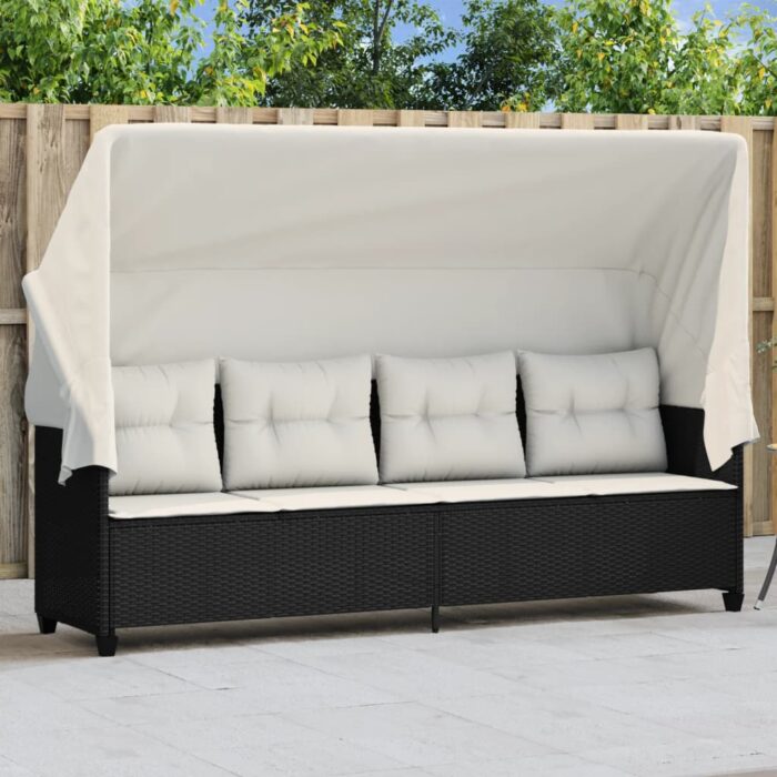 Chaise longue avec auvent et coussins noir résine tressée – Image 1