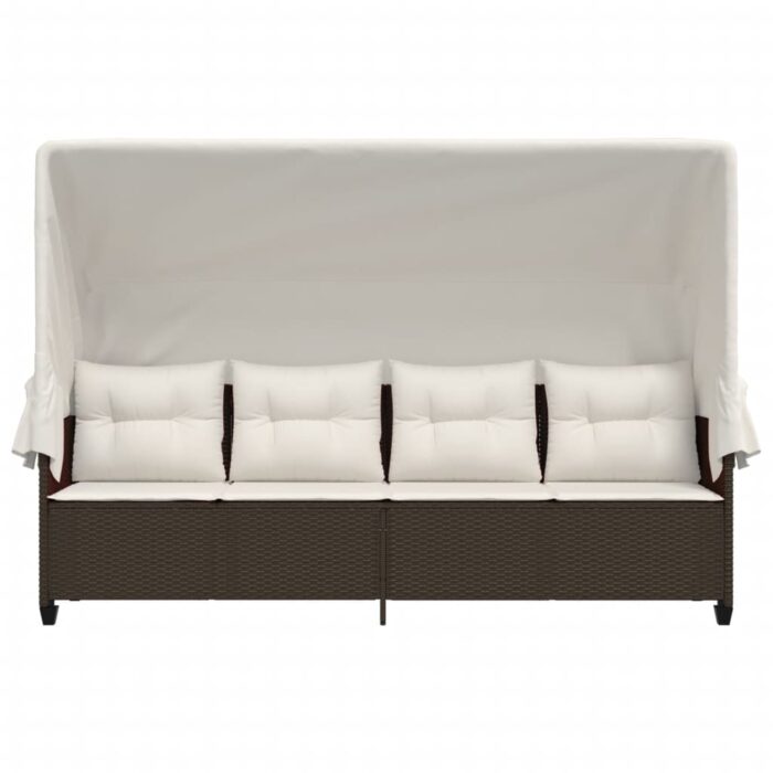 Chaise longue avec auvent et coussins marron résine tressée – Image 3
