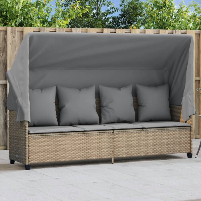 Chaise longue avec auvent et coussins beige résine tressée – Image 1