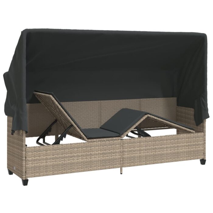 Chaise longue avec auvent et coussins gris clair résine tressée – Image 3