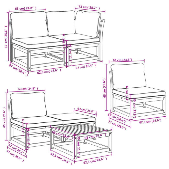 Salon de jardin 6 pcs avec coussins bois d'acacia solide – Image 7