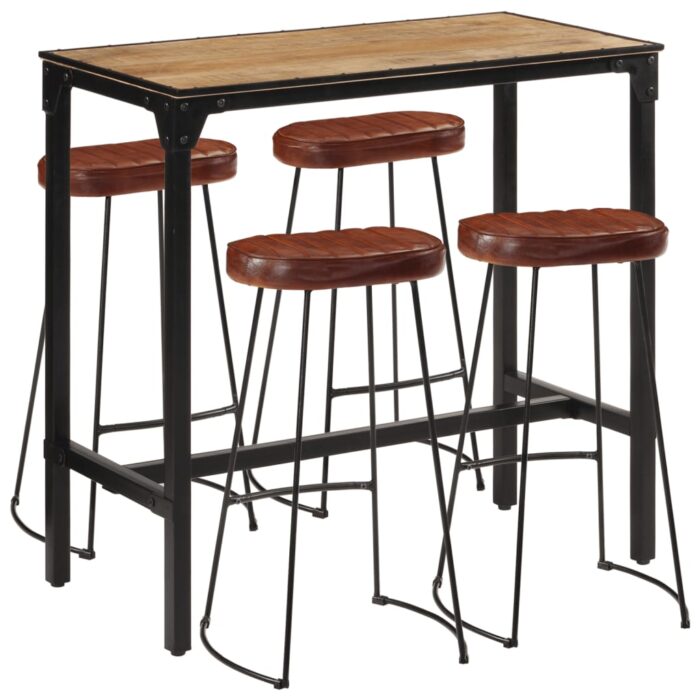 Ensemble de bar 5 pcs bois de manguier brut massif et métal – Image 1