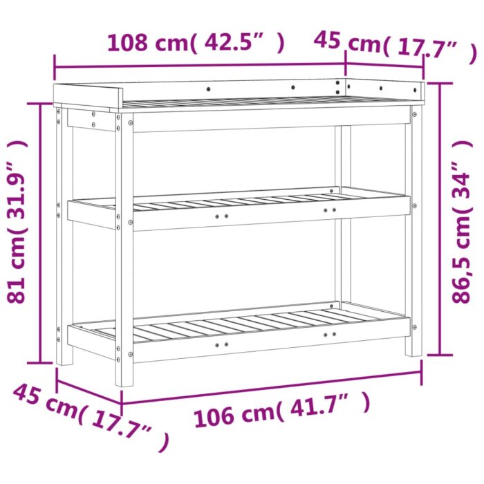 Table de rempotage avec étagères 108x45x86,5 cm bois massif pin – Image 8