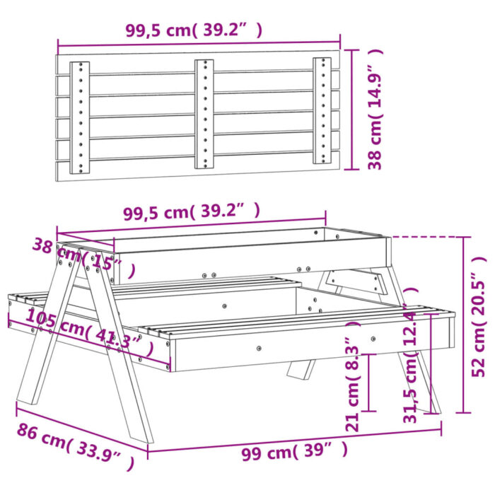 Table de pique-nique avec bac à sable pour enfants pin massif – Image 9