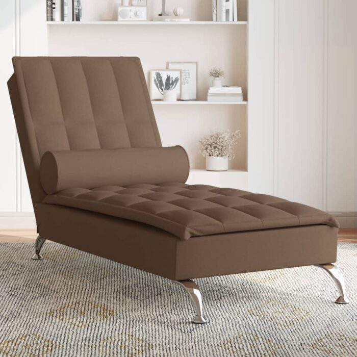 Chaise longue de massage avec traversin marron tissu – Image 1