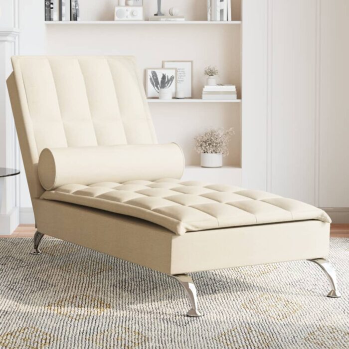 Chaise longue de massage avec traversin crème tissu – Image 1