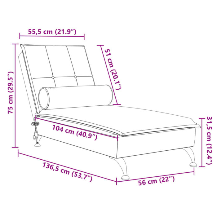 Chaise longue de massage avec traversin gris clair velours – Image 8