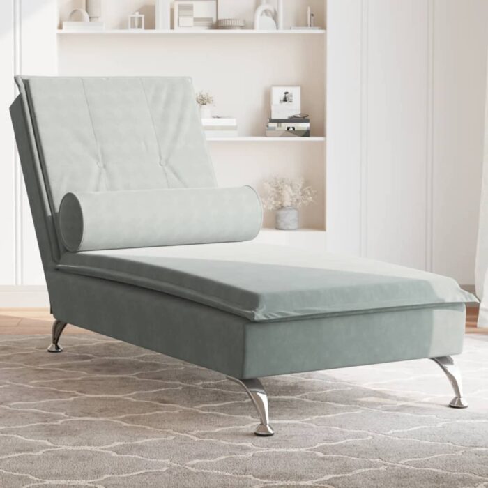 Chaise longue de massage avec traversin gris clair velours – Image 1