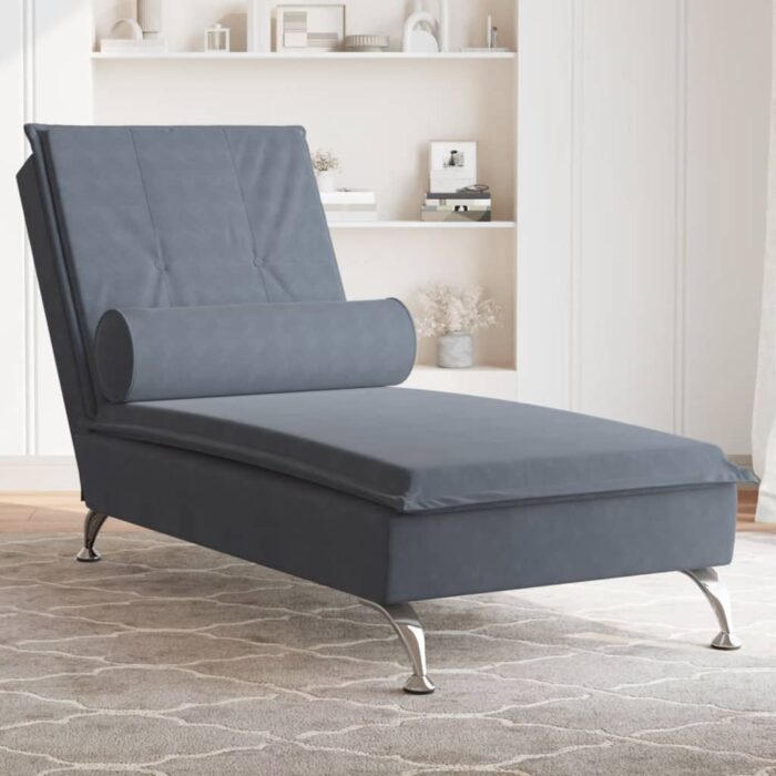 Chaise longue de massage avec traversin gris foncé velours – Image 1