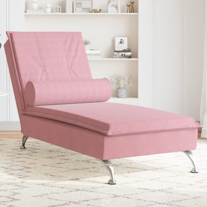 Chaise longue de massage avec traversin rose velours – Image 1