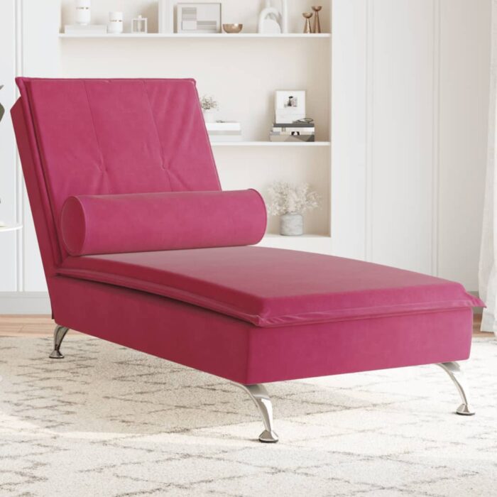 Chaise longue de massage avec traversin rouge bordeaux velours – Image 1