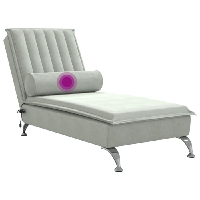 Chaise longue de massage avec traversin gris clair velours – Image 5