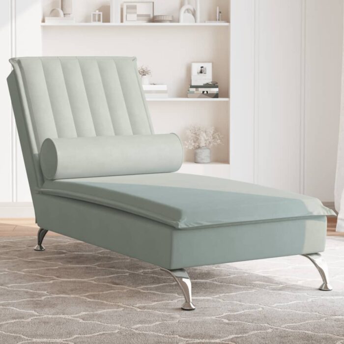 Chaise longue de massage avec traversin gris clair velours – Image 1