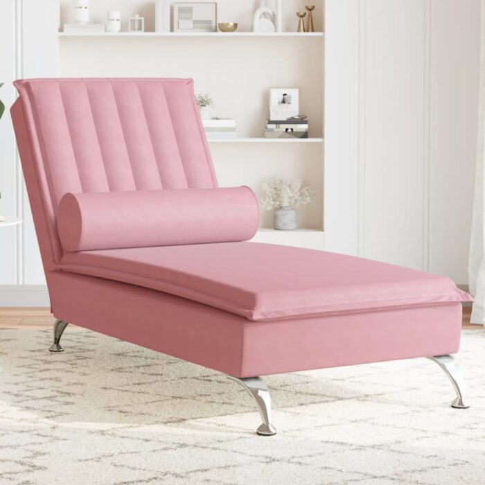 Chaise longue de massage avec traversin rose velours – Image 1