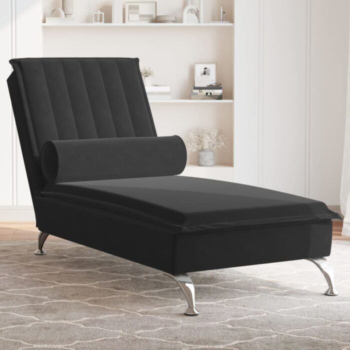 Chaise longue de massage avec traversin noir velours – Image 1