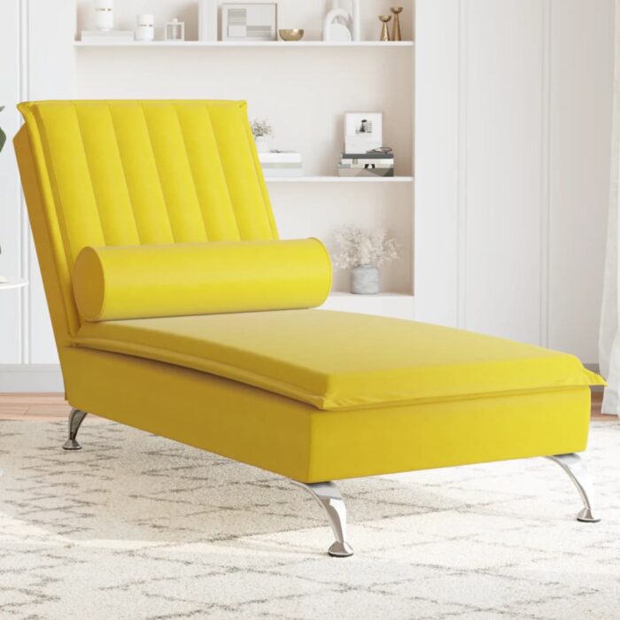 Chaise longue de massage avec traversin jaune velours – Image 1