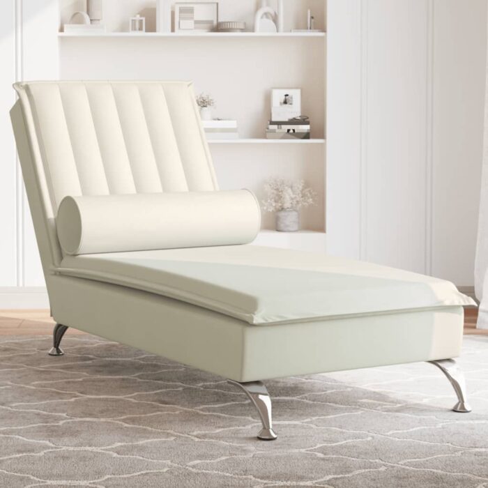 Chaise longue de massage avec traversin crème velours – Image 1