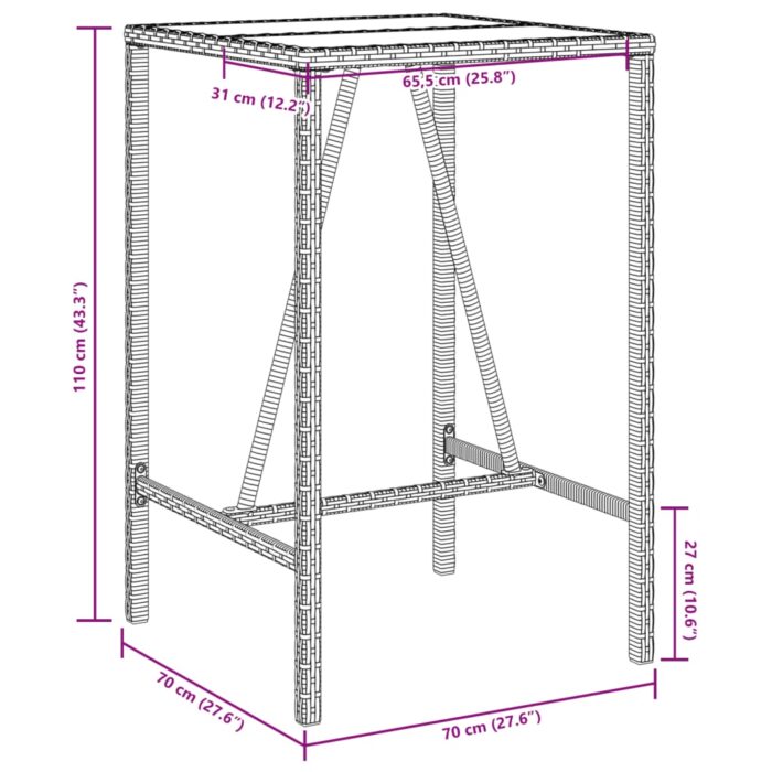 Table de bar d’extérieur gris 70x70x110 cm poly rotin – Image 9